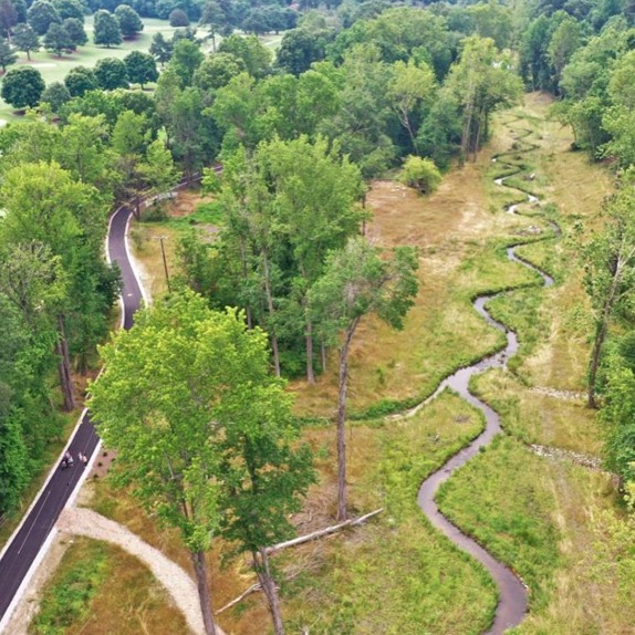 Aerial of trail and stream embedded with the University of Richmond Eco-Corridor (photo by RES).