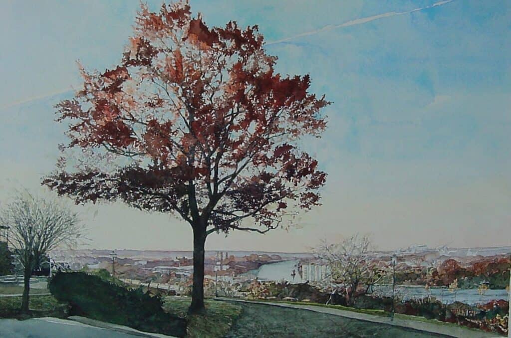 Image of a painting of The View. Tree with fall, red foliage in foreground with a swooping bend of the James River in the background under blue sky.